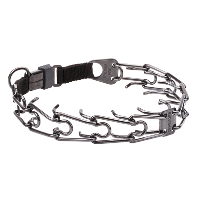 Black Stainless Steel Pinch Prong Collar with Center-Plate and Click-Lock Buckle (4 mm x 23 ⅗ inches)