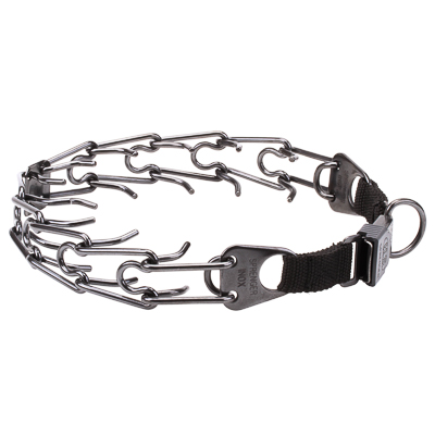 Black Stainless Steel Pinch Prong Collar with Click-Lock Buckle and Nylon Loop (2.25 mm x 16 inches)