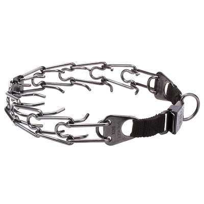 Black Stainless Steel Pinch Prong Collar with Click-Lock Buckle and Nylon Loop (2.25mm x 16 inches)
