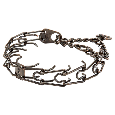 Browned Steel Pinch Prong Collar with Center-Plate, Assembly Chain and Swivel (4 mm x 25 inches)