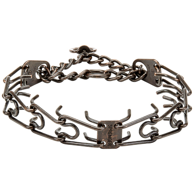 Browned Steel Pinch Prong Collar with Center-Plate, Assembly Chain and Swivel (4 mm x 25 inches)